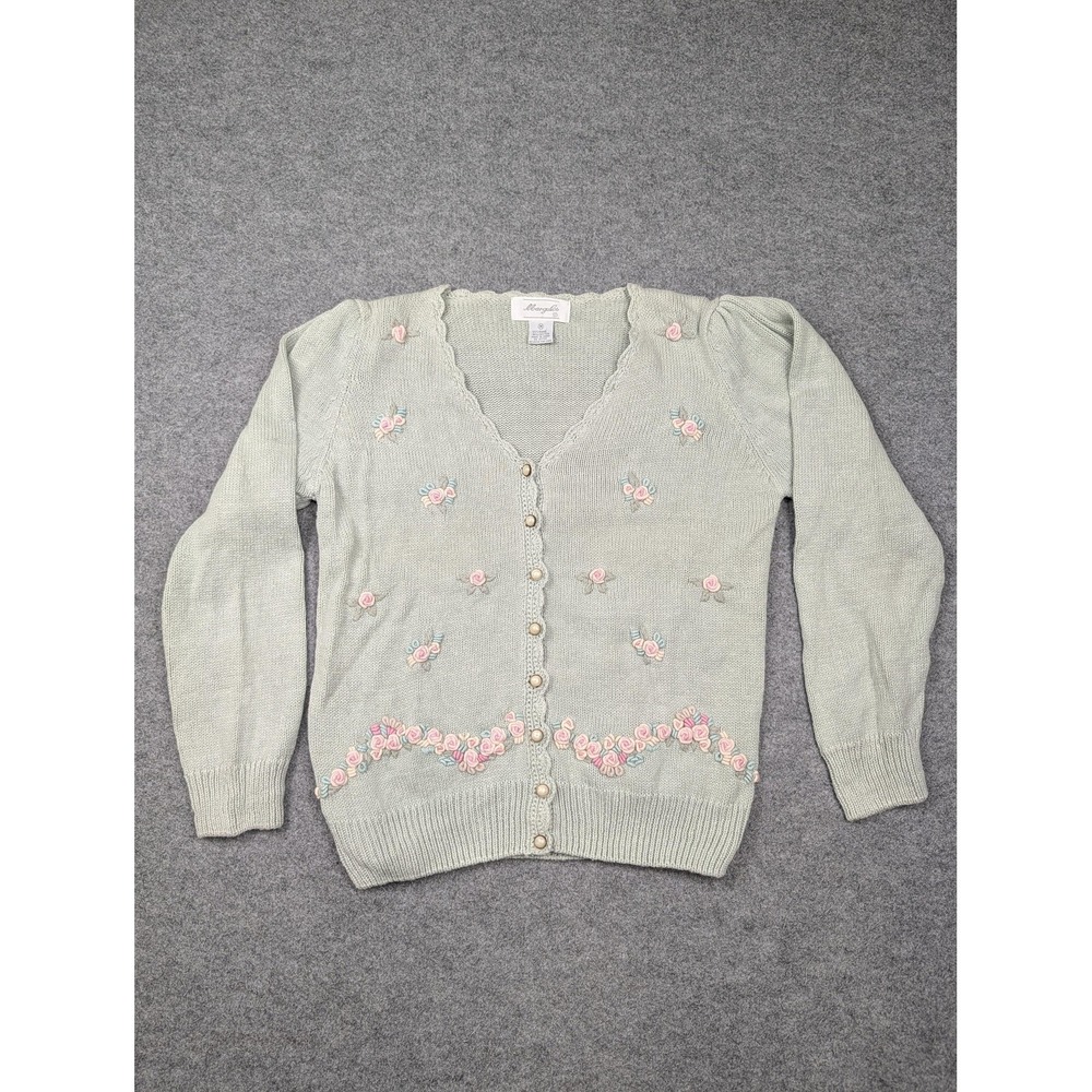 Vintage Margules Cardigan Womens Medium Green Floral Embroidered Knit Sweater